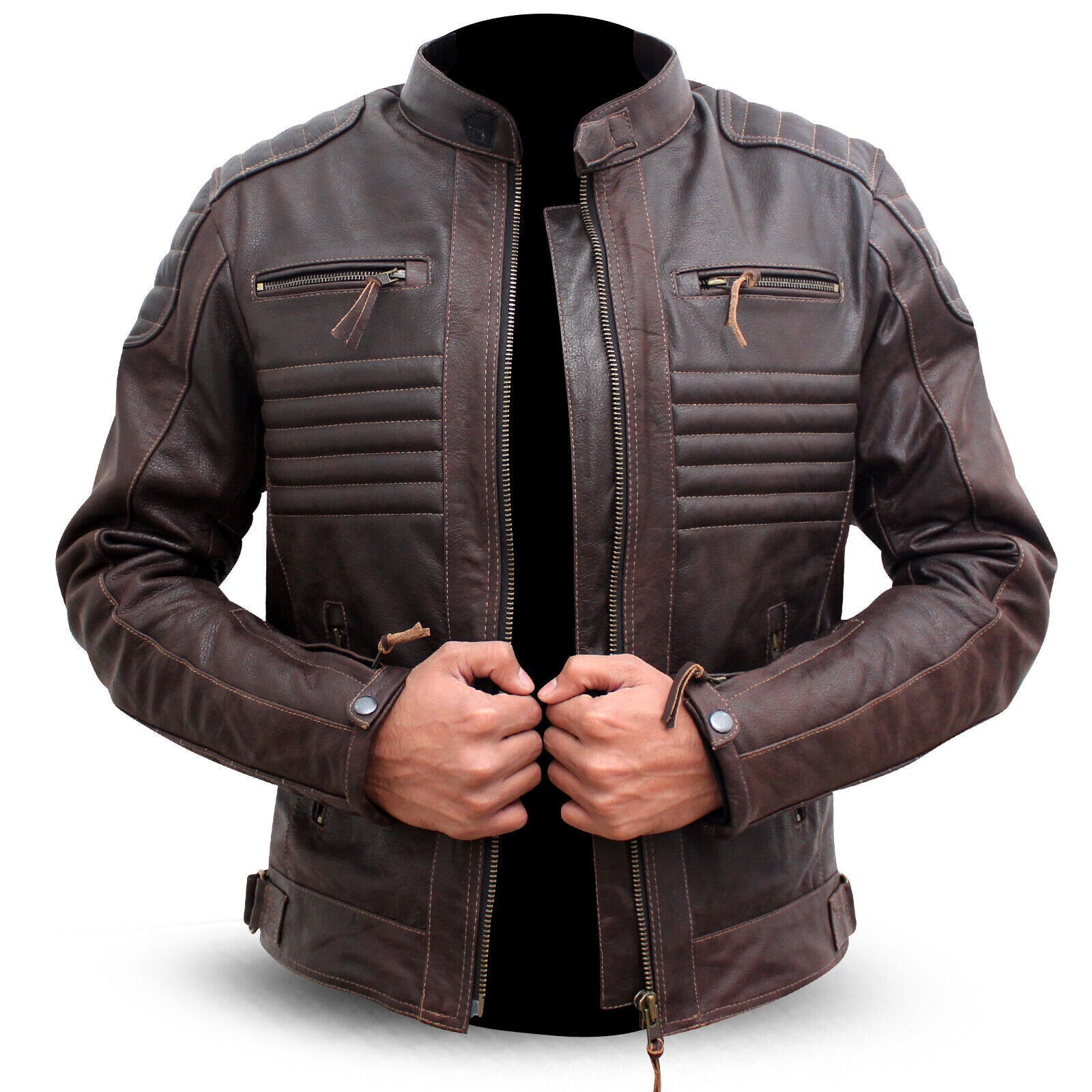 Men's Leather Motorcycle Jacket Biker Motorbike Jacket, Front