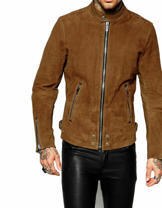 Slim Fit Suede Leather Jacket, Brown