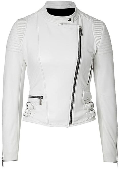 Women's Stylish Quilted White Biker Leather Jacket