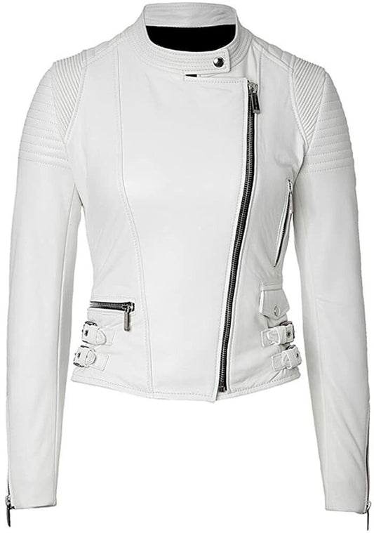 Biker Quilted Leather Leather  Jacket Women, White
