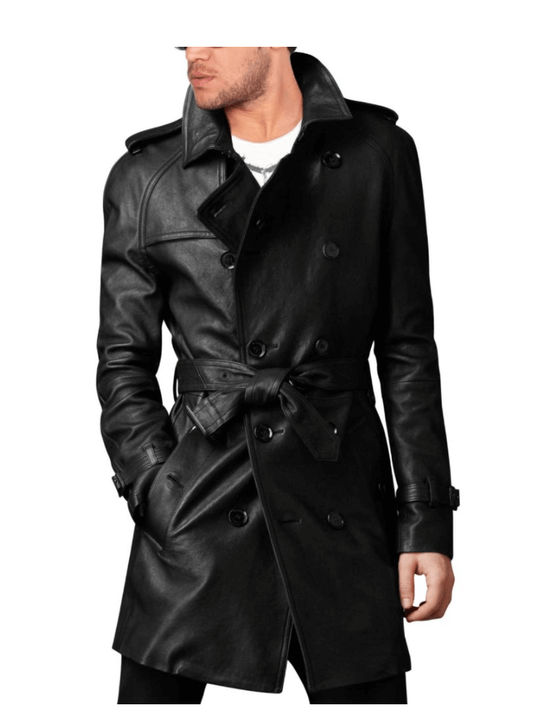 Black Belted Long Leather Trench Coat
