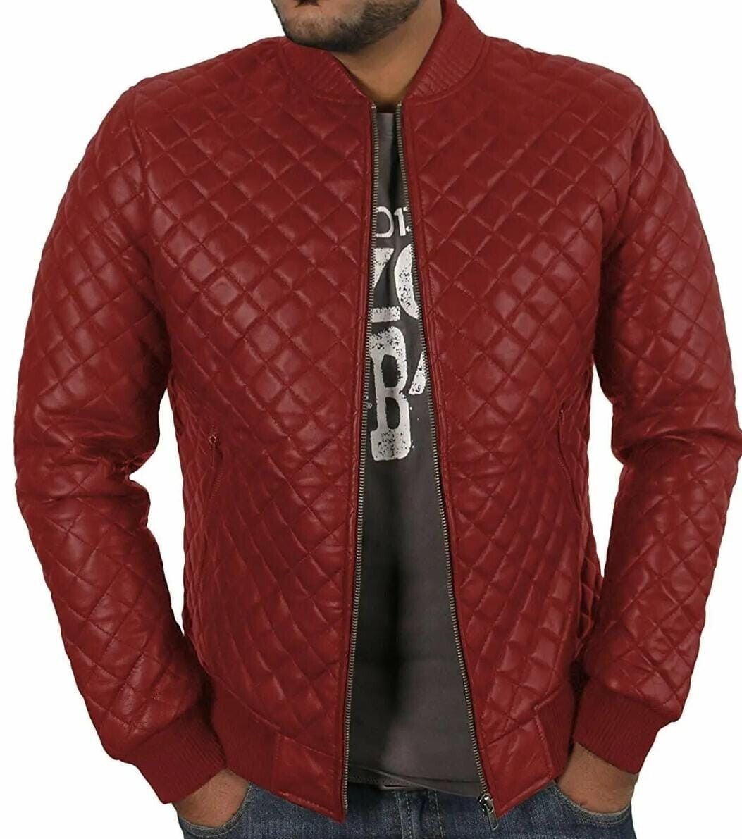 Quilted Biker Leather Jacket Men, Maroon