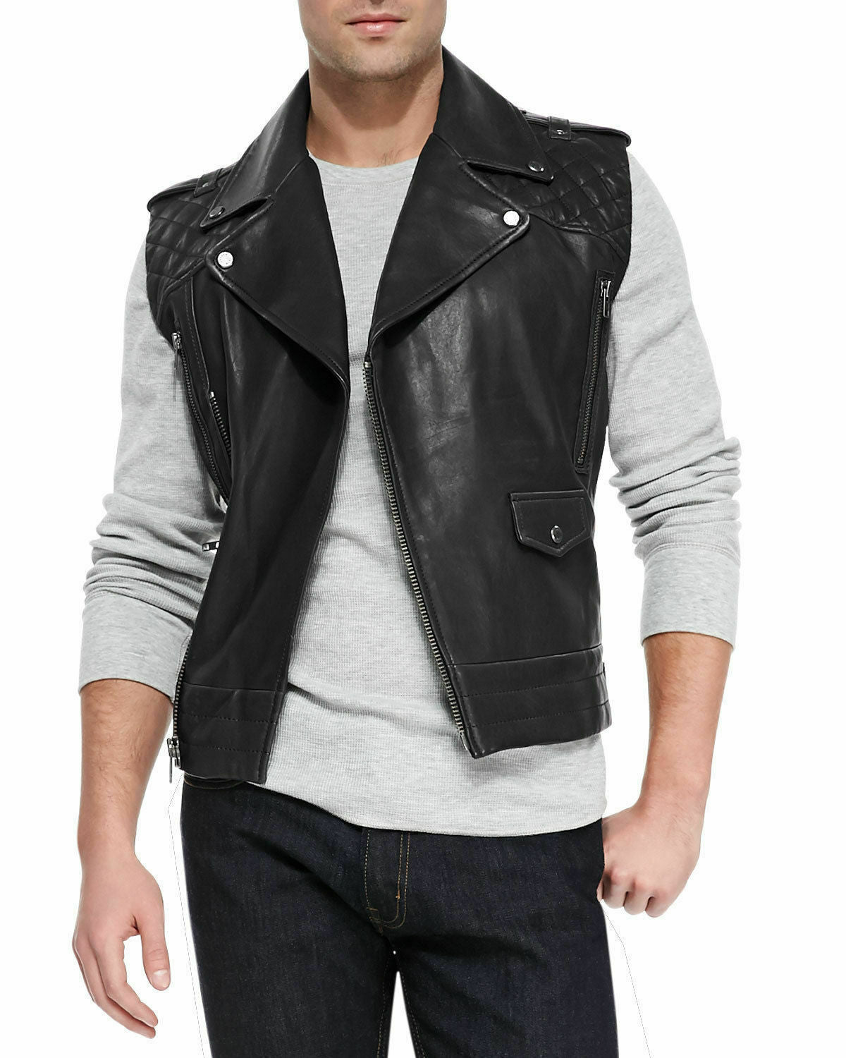 Quilted Style Asymmetrical Collar Leather Vest