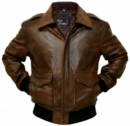 Brown Leather Flight Bomber Military Jacket