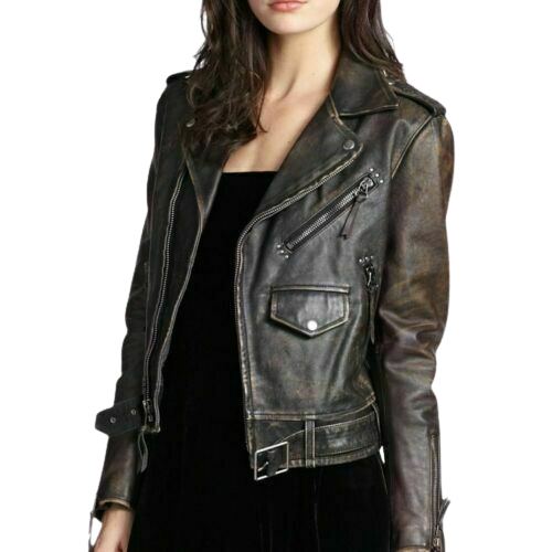 Distressed Leather Biker Jacket Women, Brown