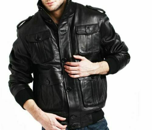 Men’s 4 Pockets Black Leather Bomber Jacket