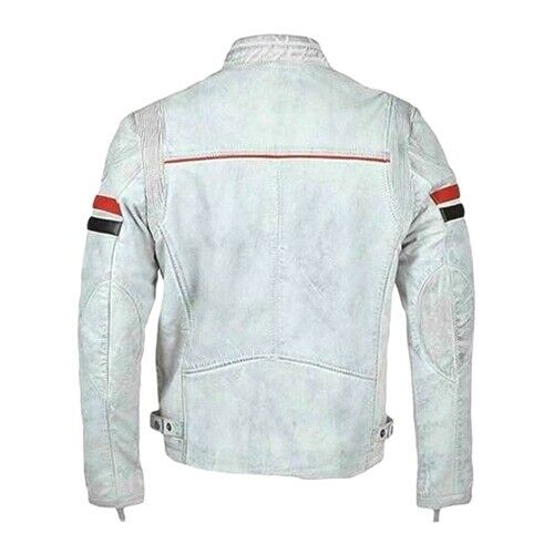 Genuine Leather Biker Jacket Men, White