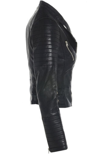 Women Black Leather Moto Asymmetrical Jacket