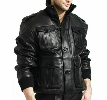 Men’s 4 Pockets Black Leather Bomber Jacket