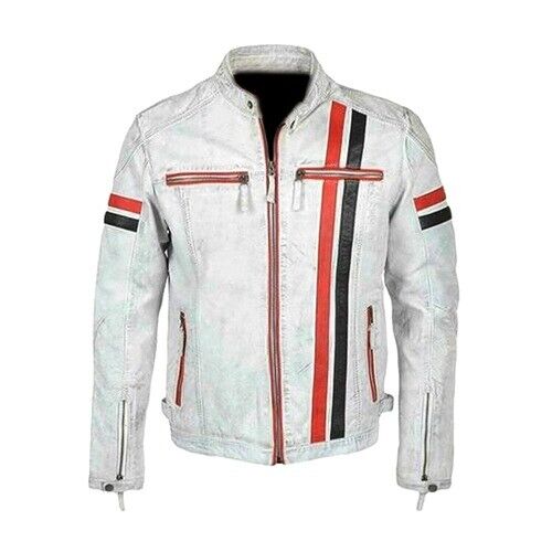 Genuine Leather Biker Jacket Men, White