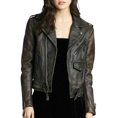 Distressed Leather Biker Jacket Women, Brown