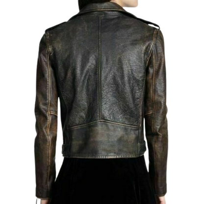 Distressed Leather Biker Jacket Women, Brown