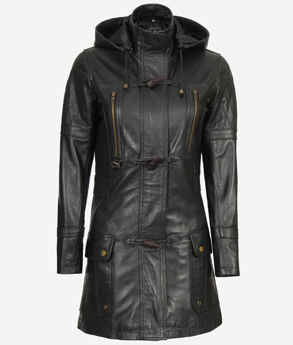 Women Long Coat - Real Leather Zip Up