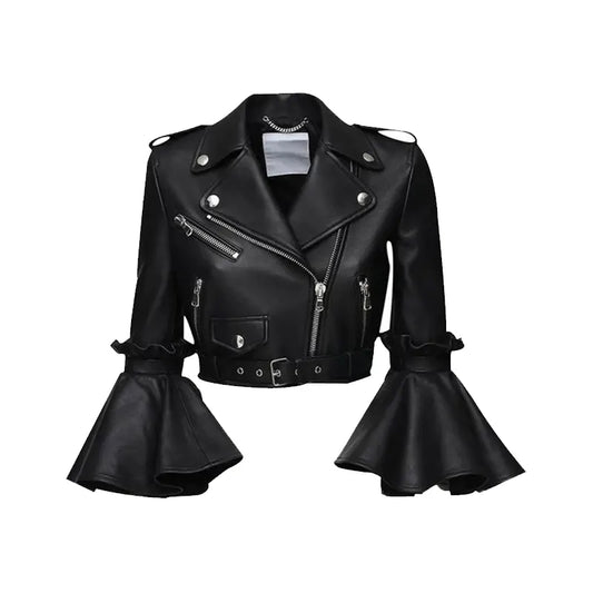 Real Leather Cropped Jacket Women, Black