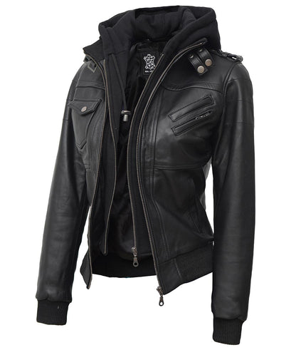 Women's Burgh Black Leather Hooded Jacket