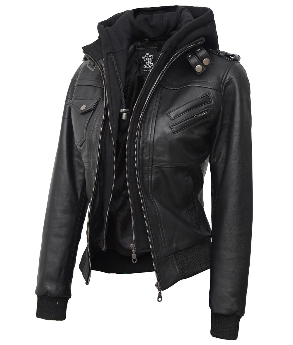 Women Leather Jacket With Hood Burgh