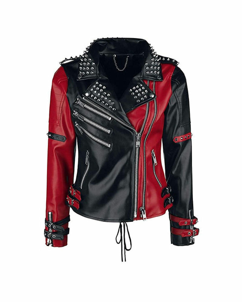 Studded Leather Jacket Black & Red