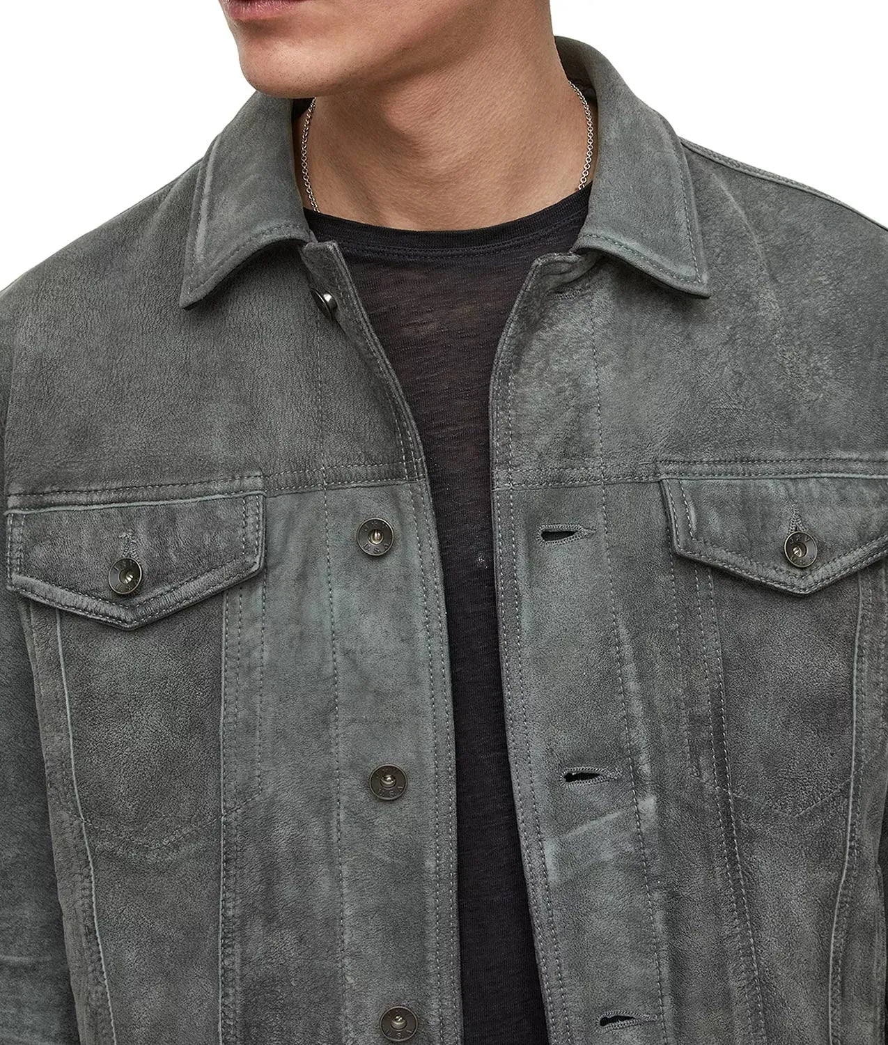 Trucker Suede Leather Jacket Men, Grey