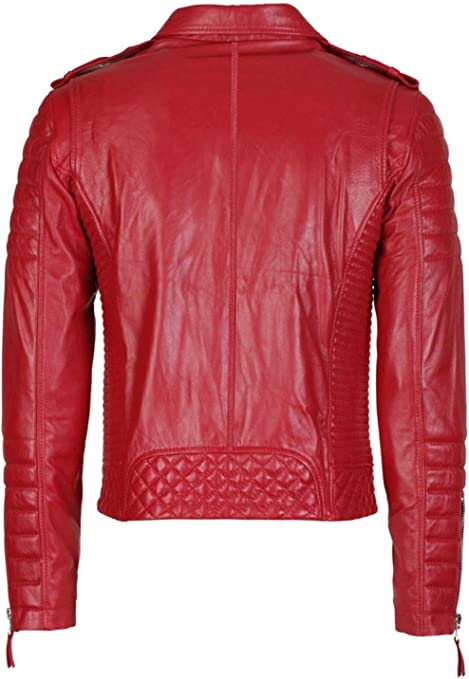 Trimbark Men Café Racer Red Leather Jacket, BACK
