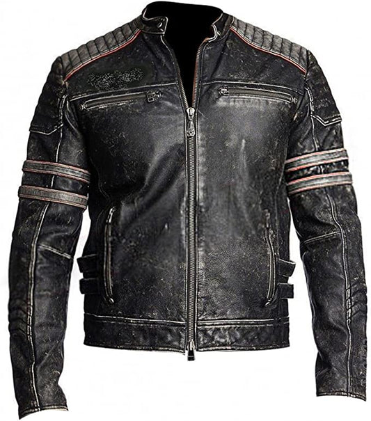 Moto Racer Retro Distressed Leather Jacket, Front