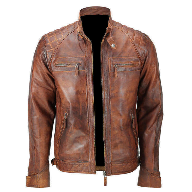 Quilted Vintage Brown Distressed Leather Jacket Sale