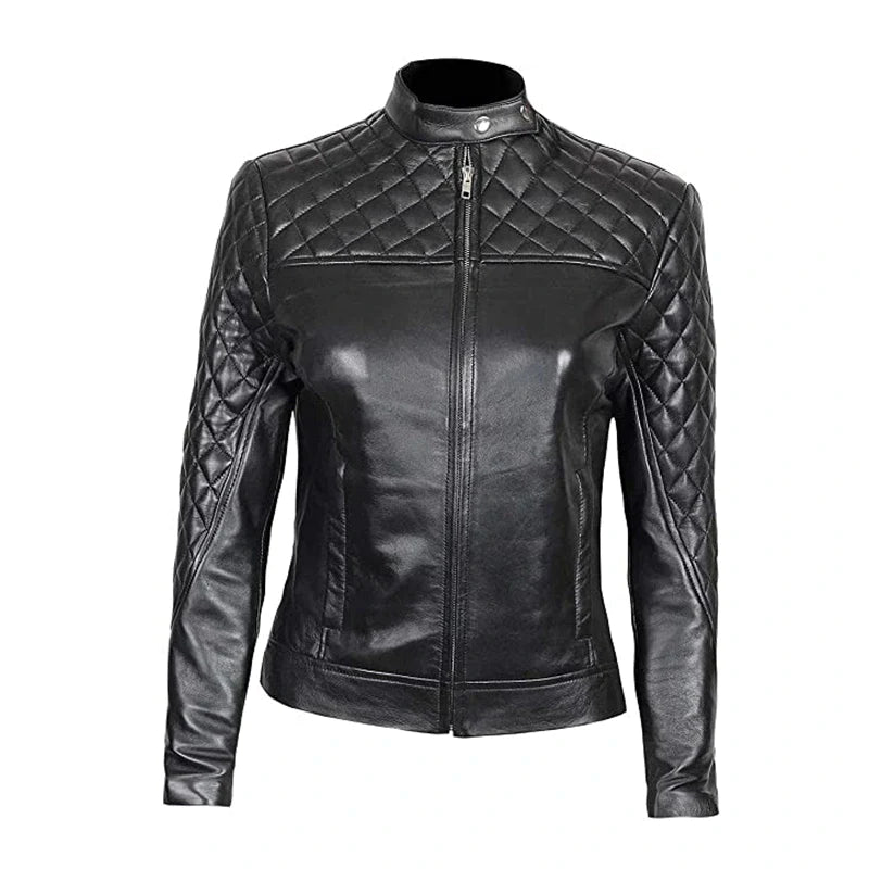 Slim Fit Quited Leather Biker Jacket Women