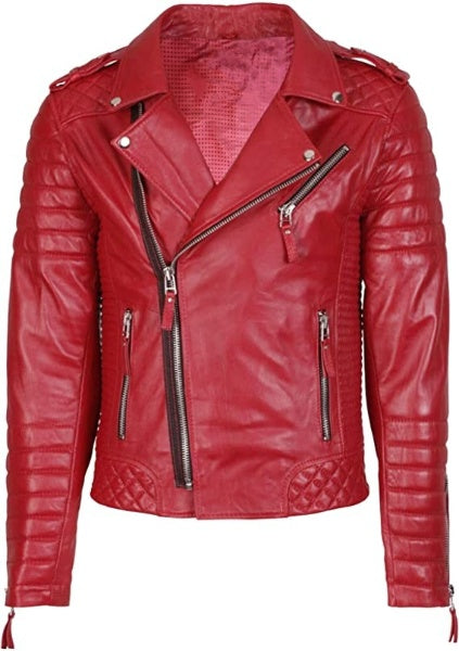 Trimbark Men Café Racer Red Leather Jacket, Front