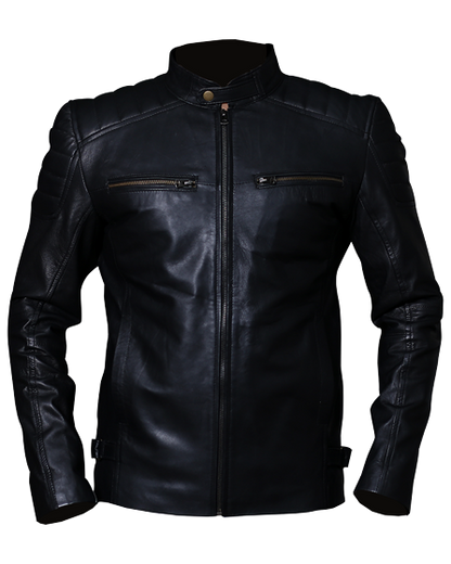 Racer Black Vintage Leather Biker Jacket, Front