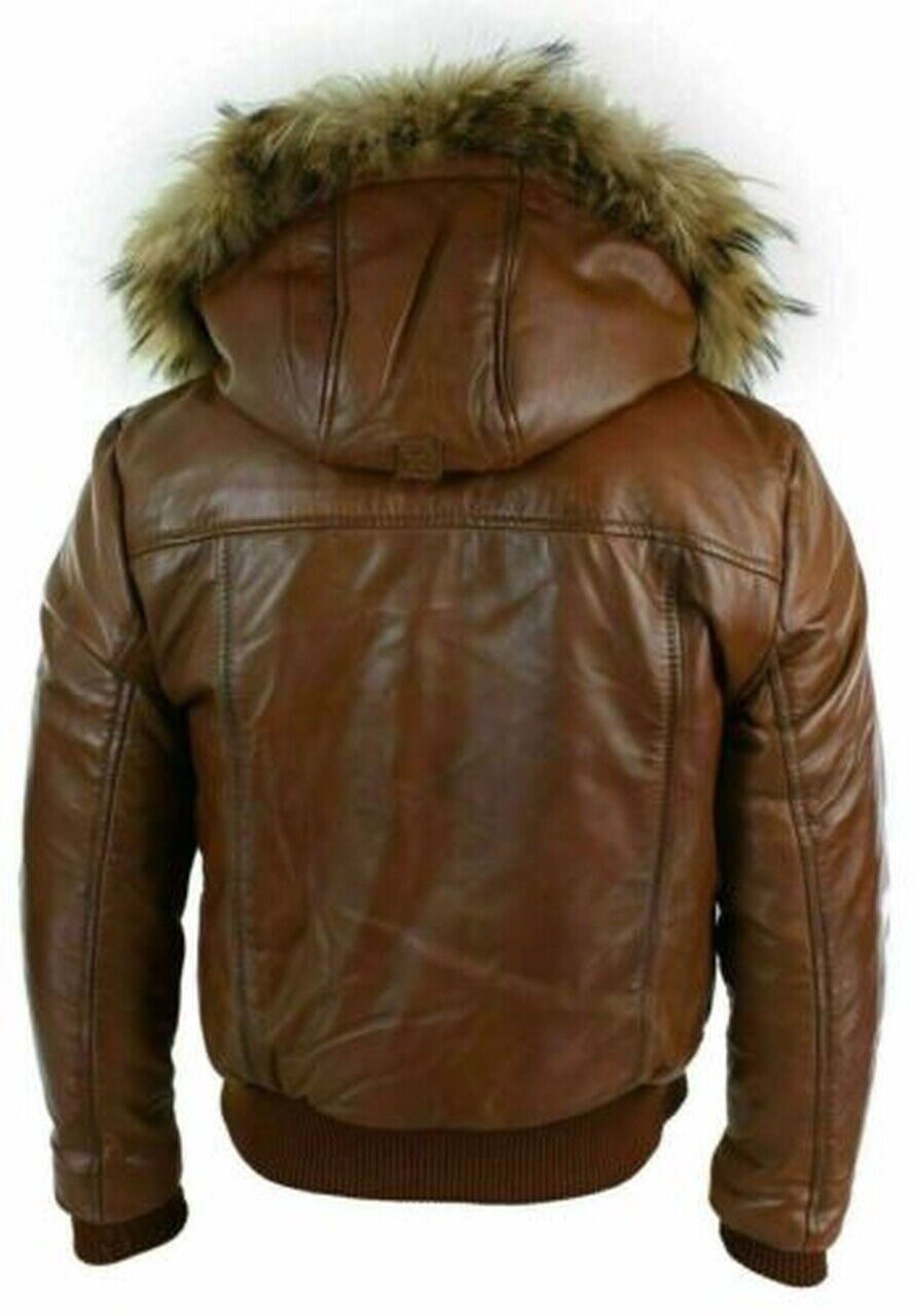 Fur Hood Bomber Leather Jacket Brown Puffer Padded