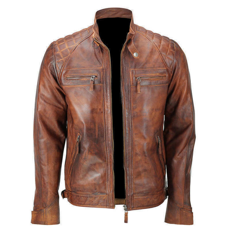 Quilted Vintage Brown Distressed Leather Jacket