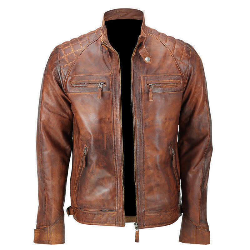 Quilted Vintage Brown Distressed Leather Jacket, Open Style