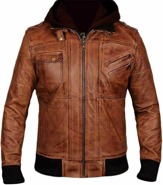 Edinburgh Leather Jacket With Hood, Brown