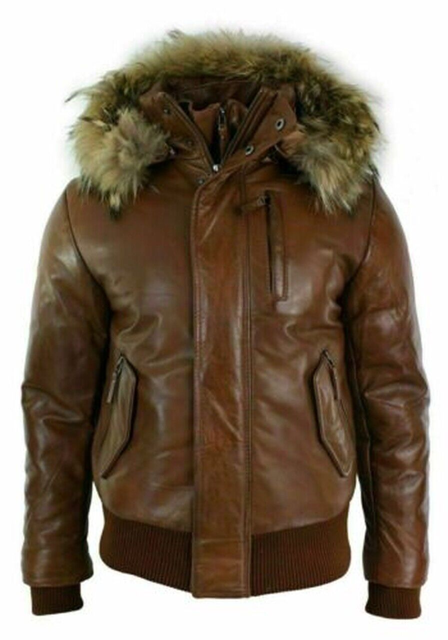 Fur Hood Bomber Leather Jacket Brown Puffer Padded