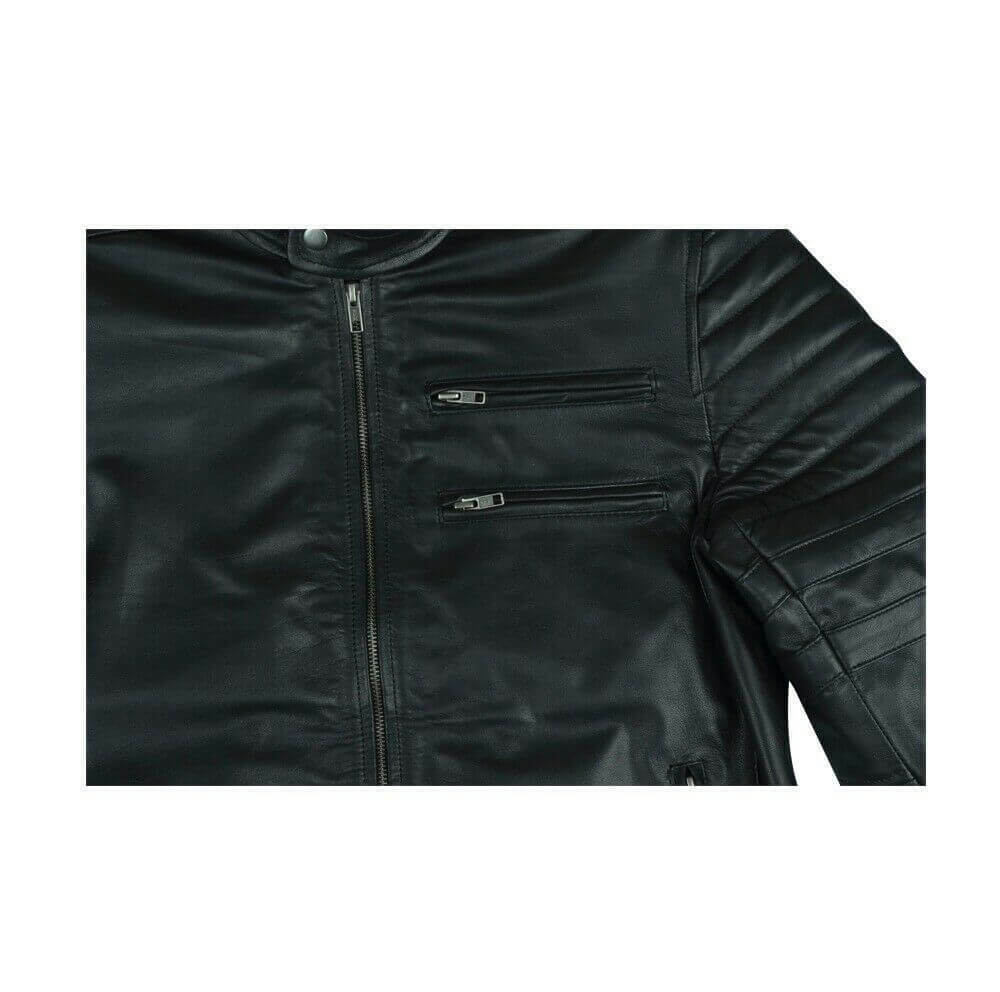 Black Slim Fit Cafe Racer Retro Jacket, Zipper Pockets