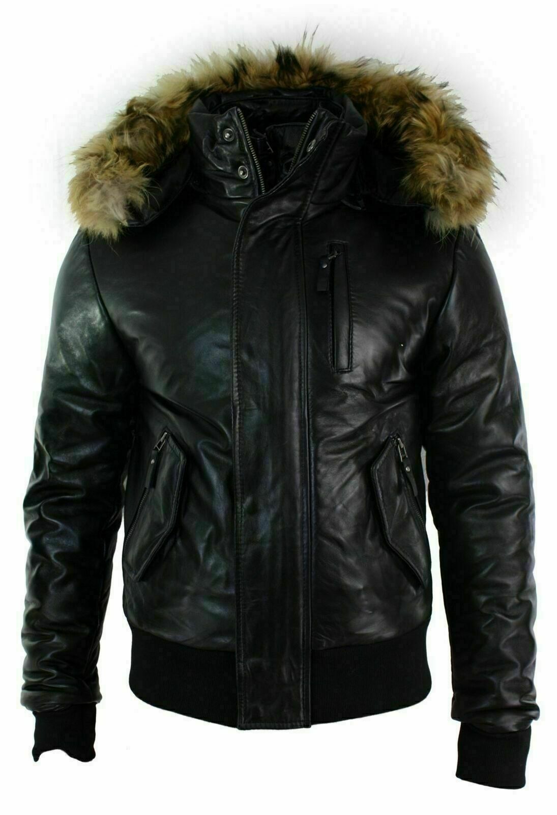 Black Fur Hood Puffer Padded Leather Jacket