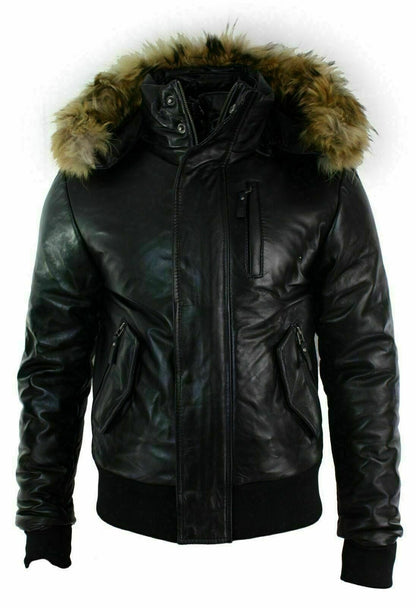 Black Fur Hood Puffer Padded Shearling Leather Jacket