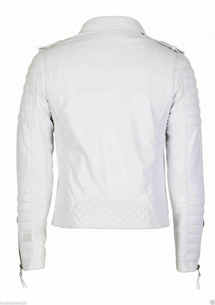 White Brando Faux Cafe Racer Slim Fit Jacket, Back