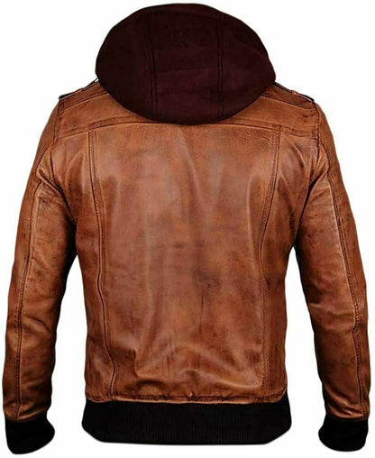 Edinburgh Brown Leather Jacket With Removable Hood