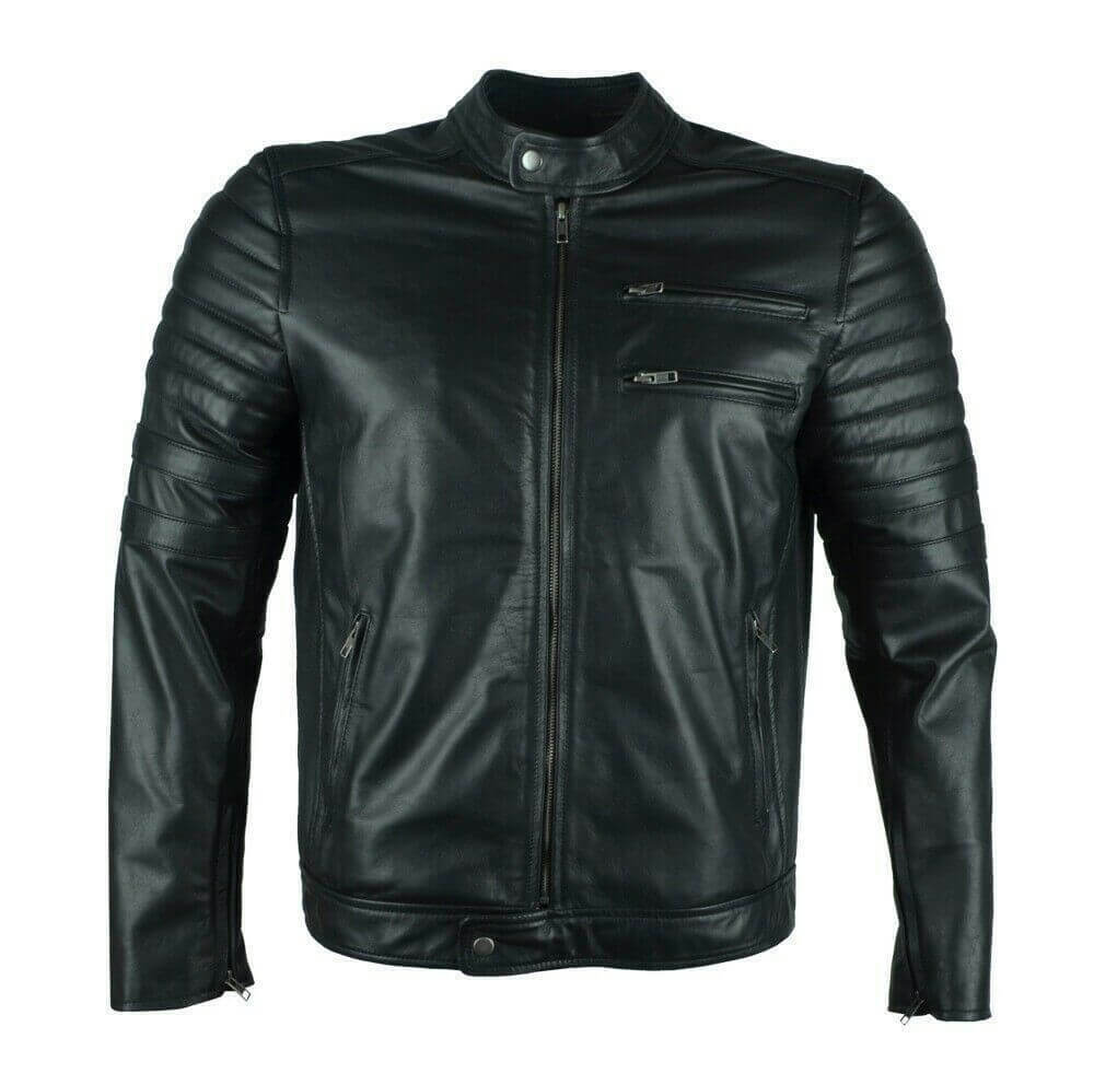 Black Slim Fit Cafe Racer Retro Jacket, Front