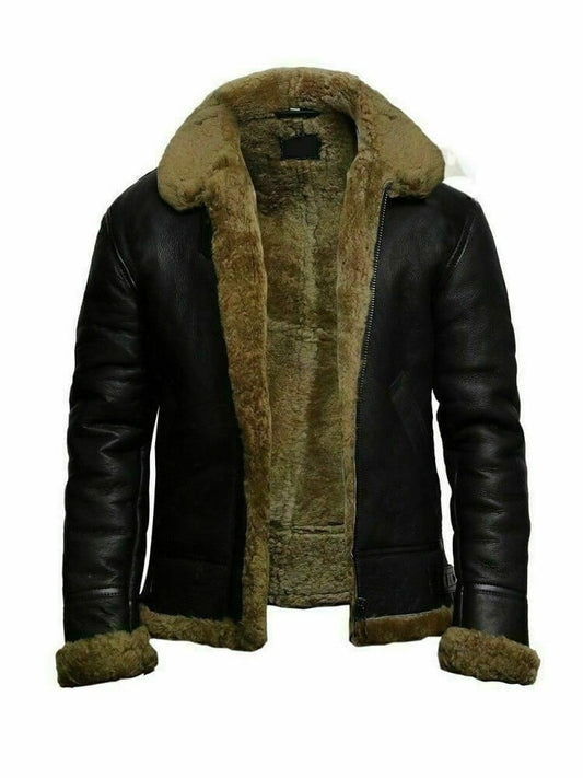 RAF Black Ginger Fur Shearling Bomber Leather Jacket