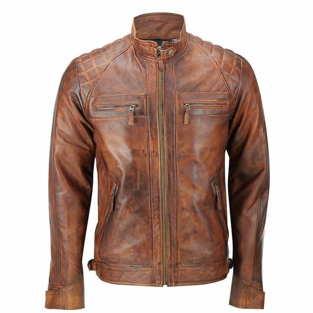 Quilted Vintage Brown Distressed Leather Jacket, Front