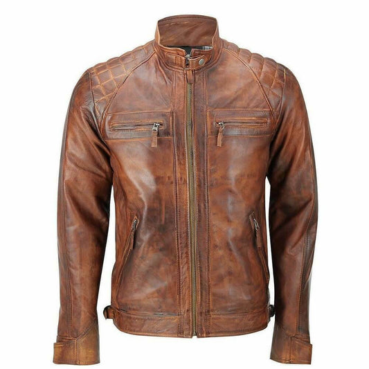 Quilted Vintage Brown Distressed Leather Jacket, Front