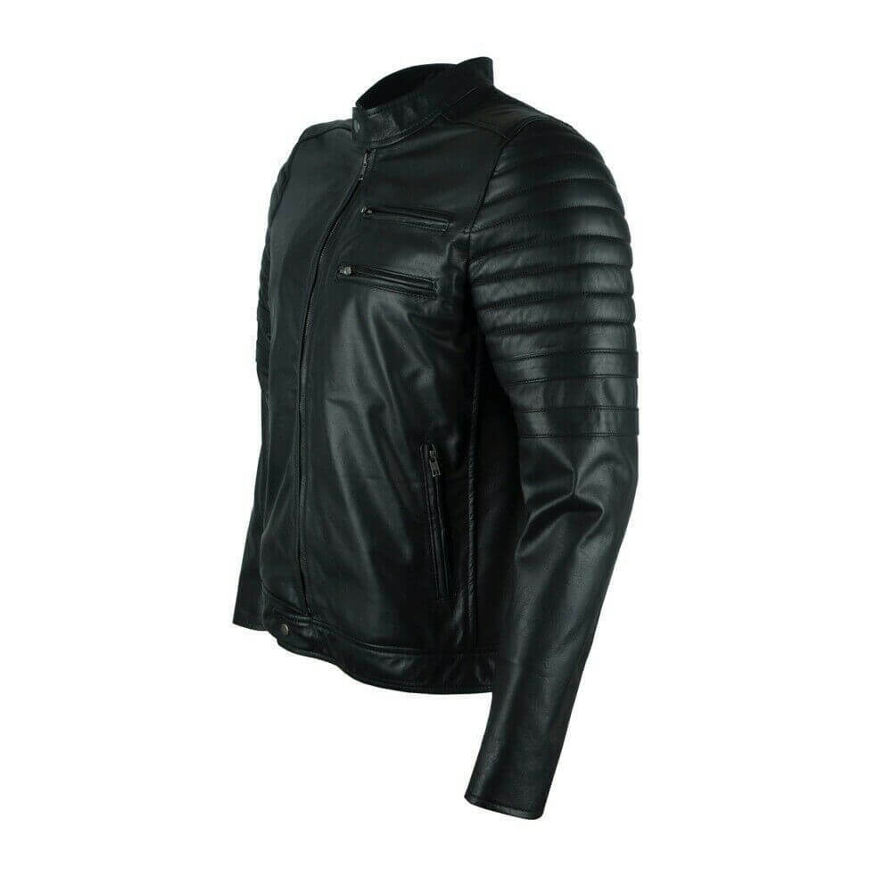 Black Slim Fit Cafe Racer Retro Jacket, sleeves