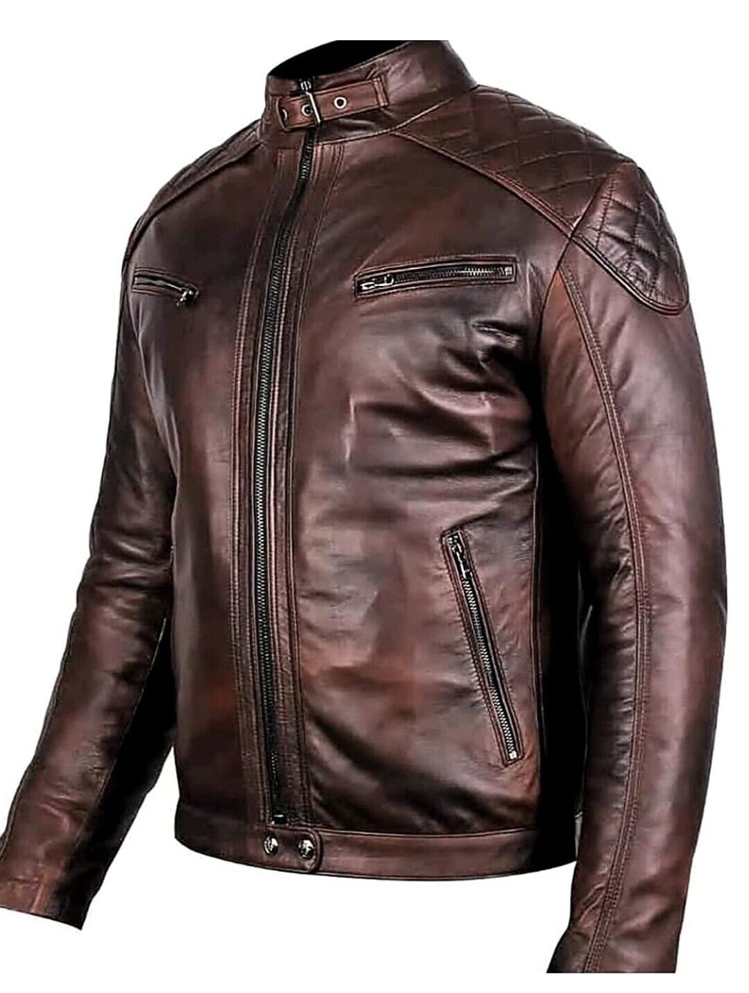 Biker Vintage Quilted Lambskin Leather Jacket, Sleeves