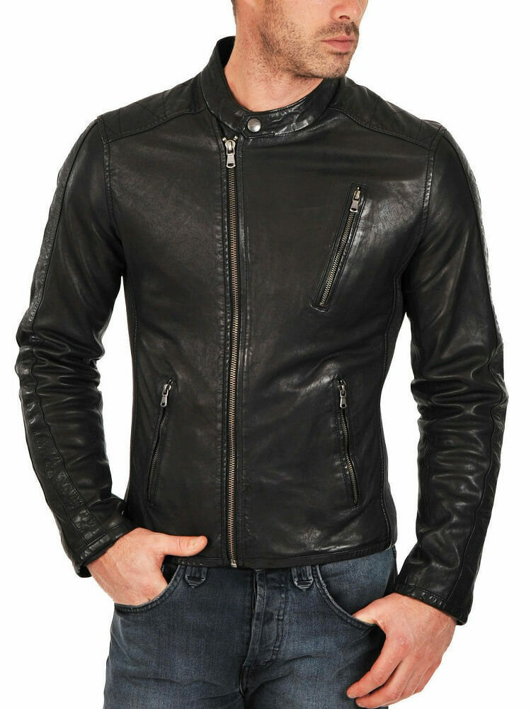 Sports Biker Lamb Skin Leather Motorcycle Jacket, Front