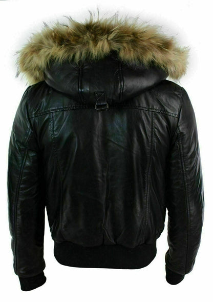 Black Fur Hood Puffer Padded Shearling Leather Jacket