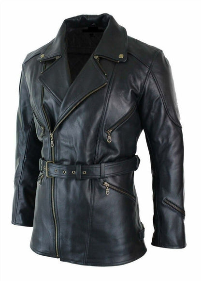 Faux Leather Black Belted Biker Long Coat