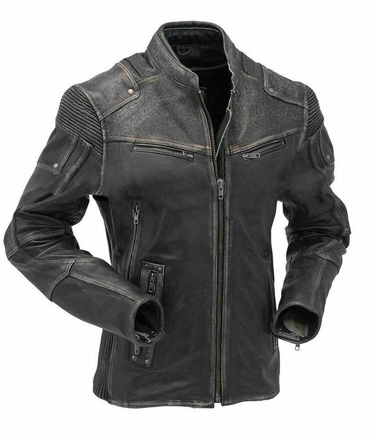 Classic Black Vintage Cafe Racer Leather Jacket, Front