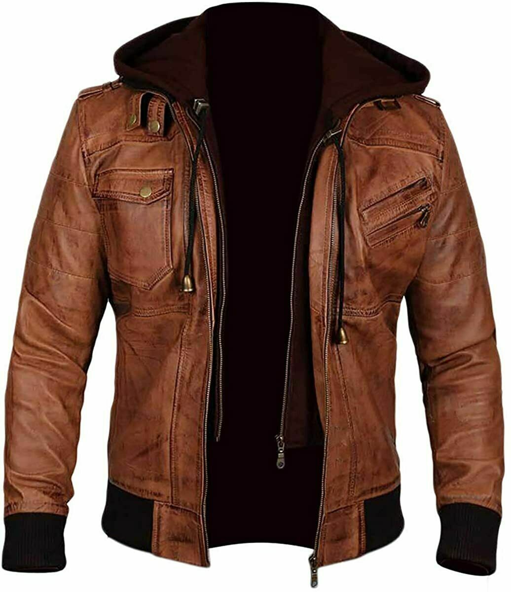 Edinburgh Brown Leather Jacket With Removable Hood