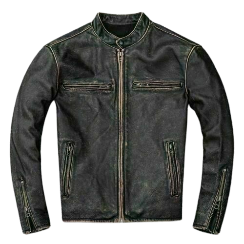 Classic Biker Distressed Cow Leather Jacket, Front